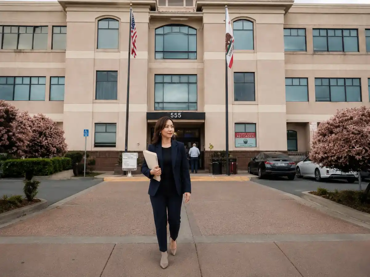 Quinnie Do outside the Contra Costa County Clerk-Recorder office in Martinez preparing a deed